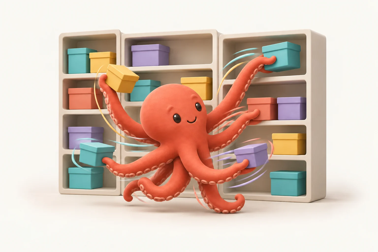 A cheerful coral-orange octopus sorting colorful boxes into neatly organized shelves.